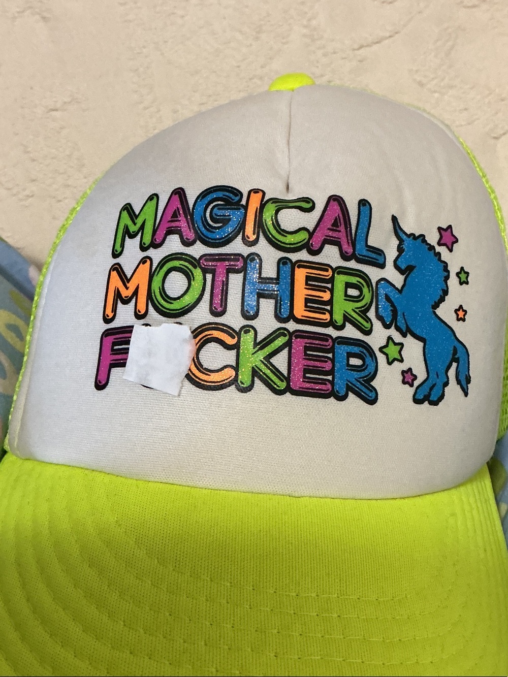 Neon Yellow & White Trucker Hat with 'Magical' Rainbow Text and Unicorn